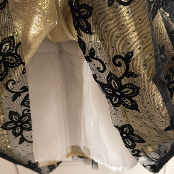 Tahari Dress Black and Gold Velvet Top. Gold Tie. Lace Bottom. - Picture 5 of 5